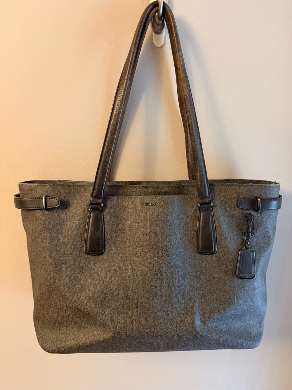 Large Tumi Gray Tote with Dark Brown Trim Laptop pocket and luggage sleeve
